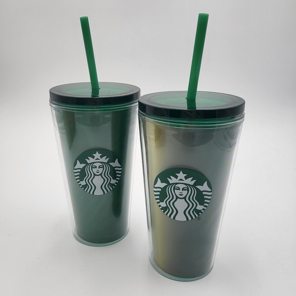 Starbucks Other - (2) Starbucks Coffee Solid & Gradient Green 16oz Cold Cups Tumblers w/lid, straw